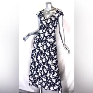Maeve By Anthropology Long Cap Sleeve Blue Dress With White Flowers