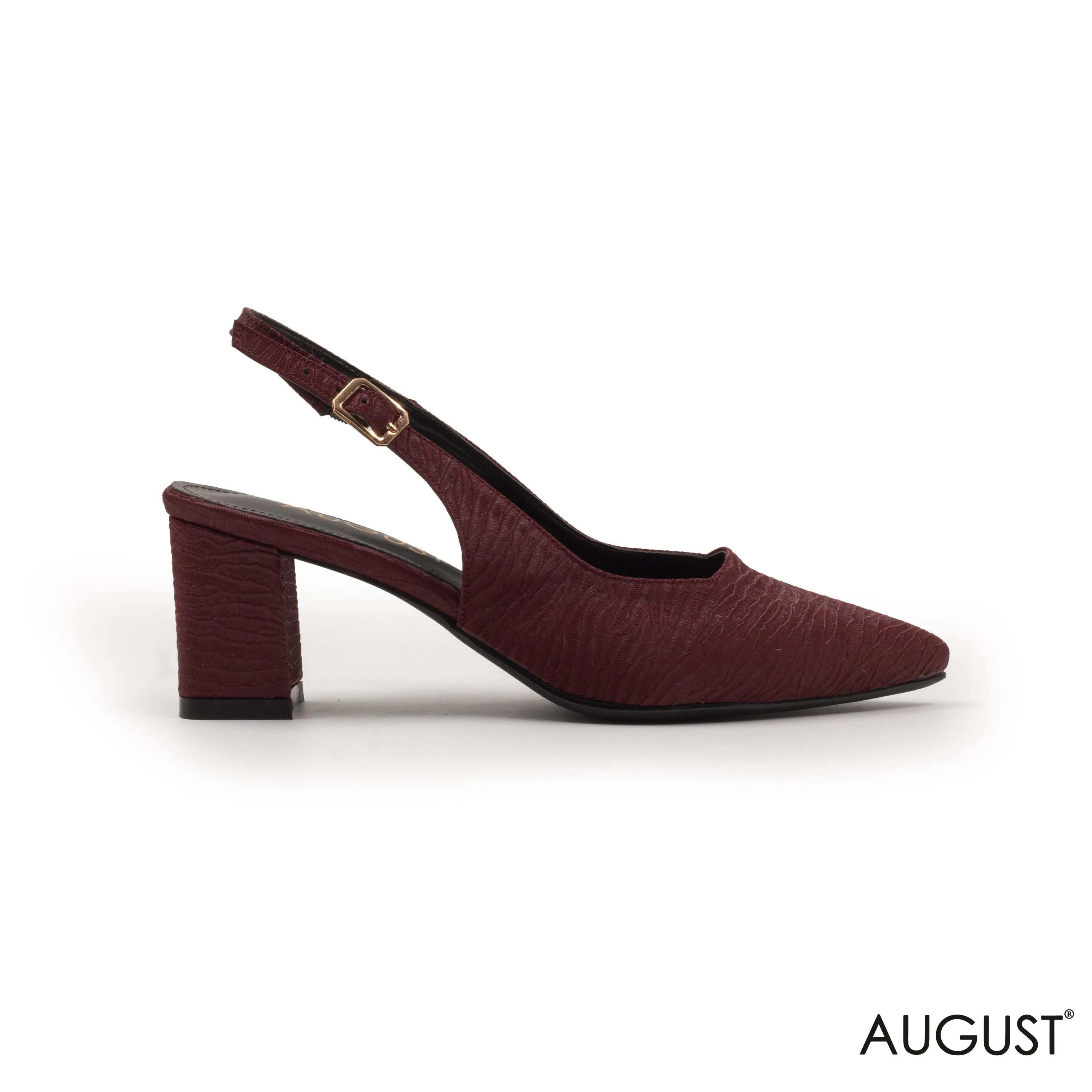 MAROON SLINGBACK MED-HEEL WITH BUCKEL