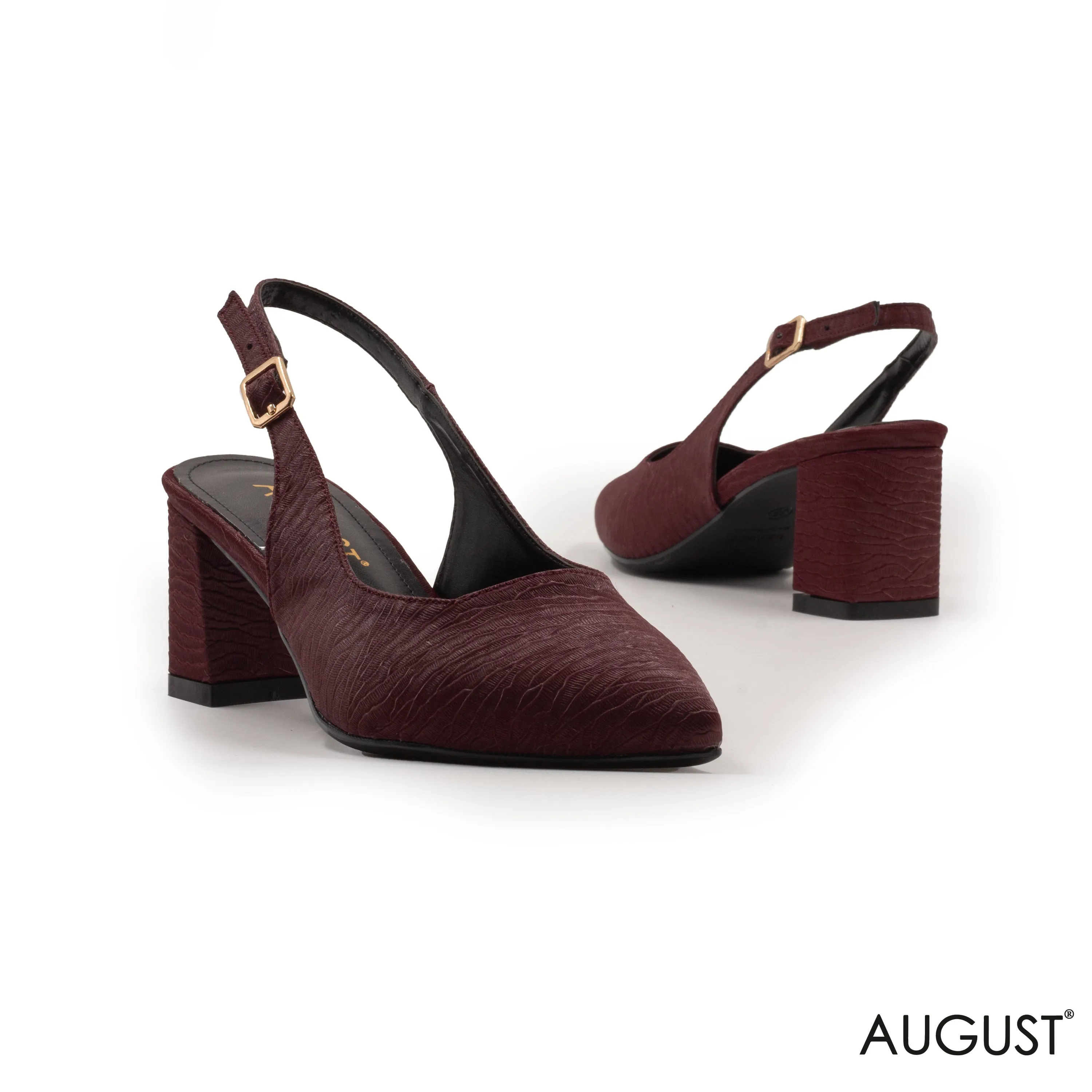MAROON SLINGBACK MED-HEEL WITH BUCKEL