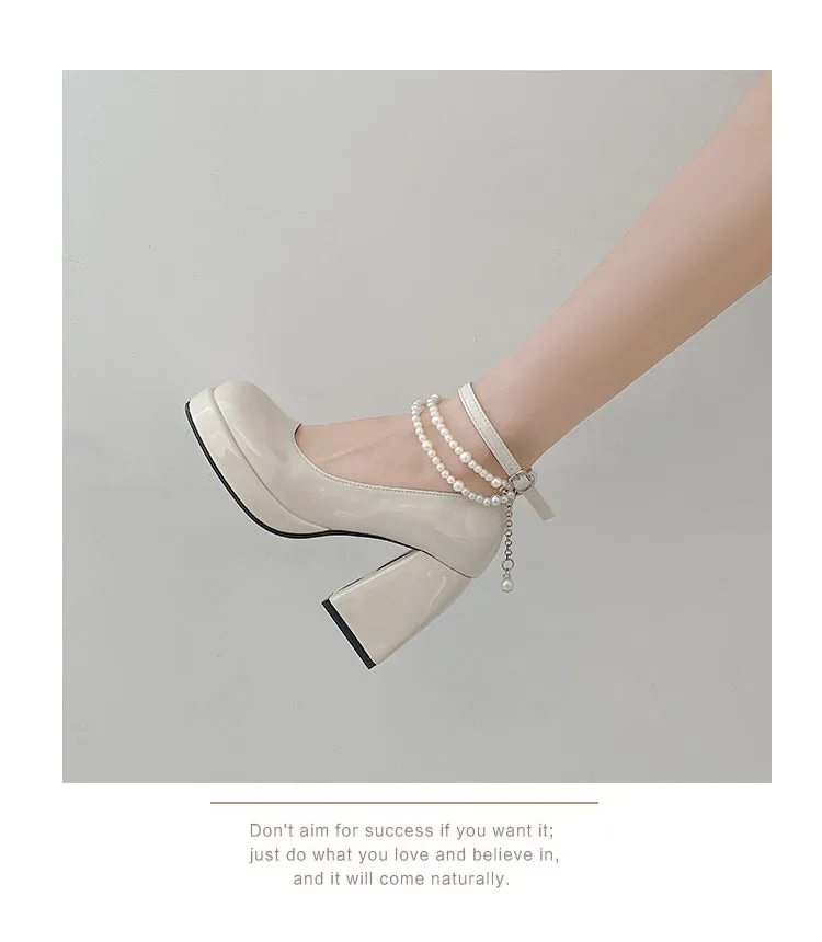 Mary Jane-300 Pearl Strap Patent Leather High Heels