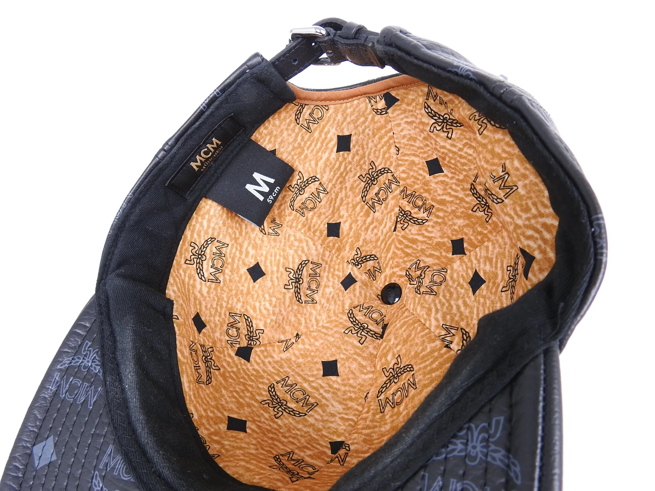 MCM Monogram Black and Gold Leather Strapback Cap