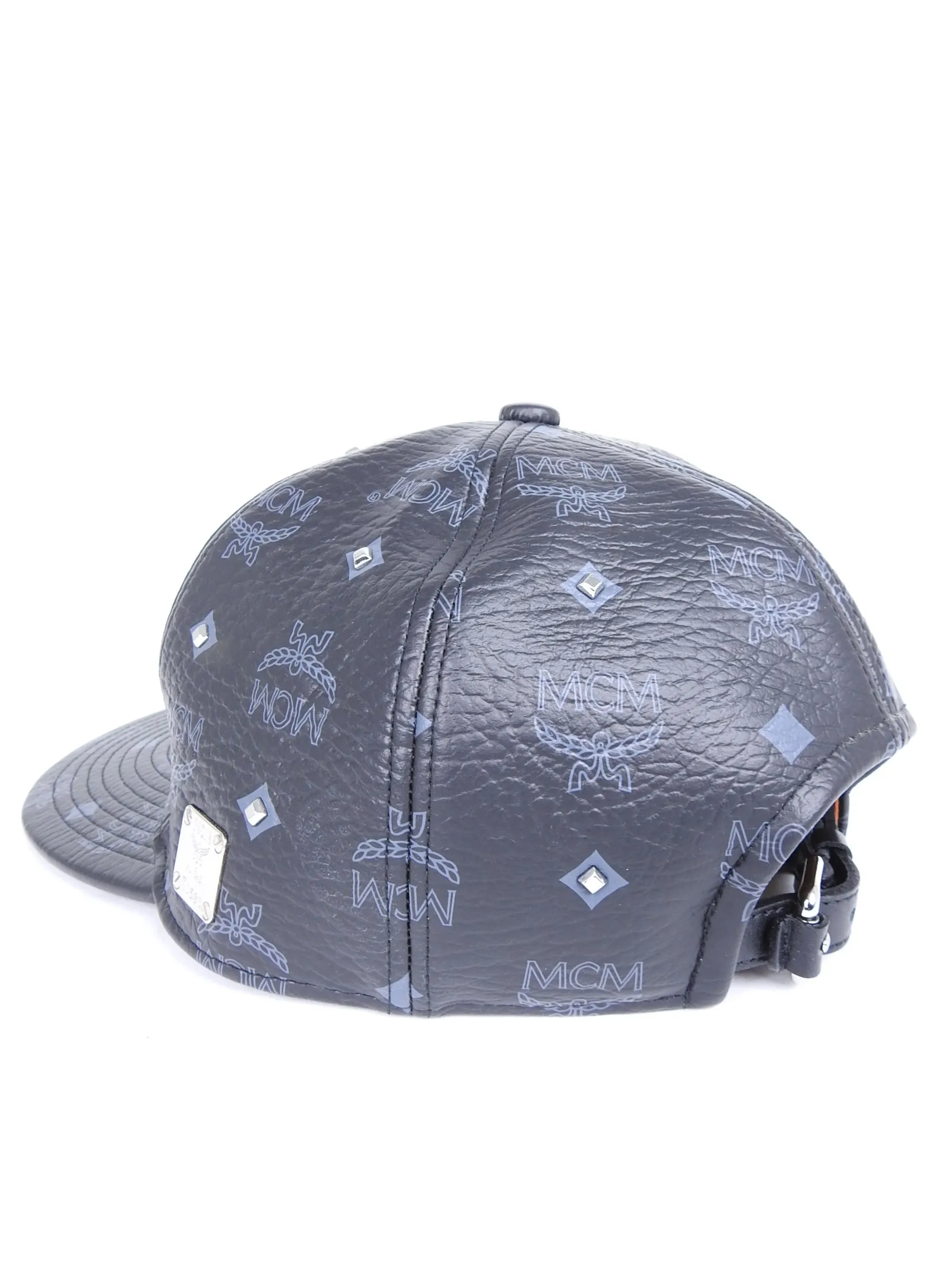 MCM Monogram Black and Gold Leather Strapback Cap