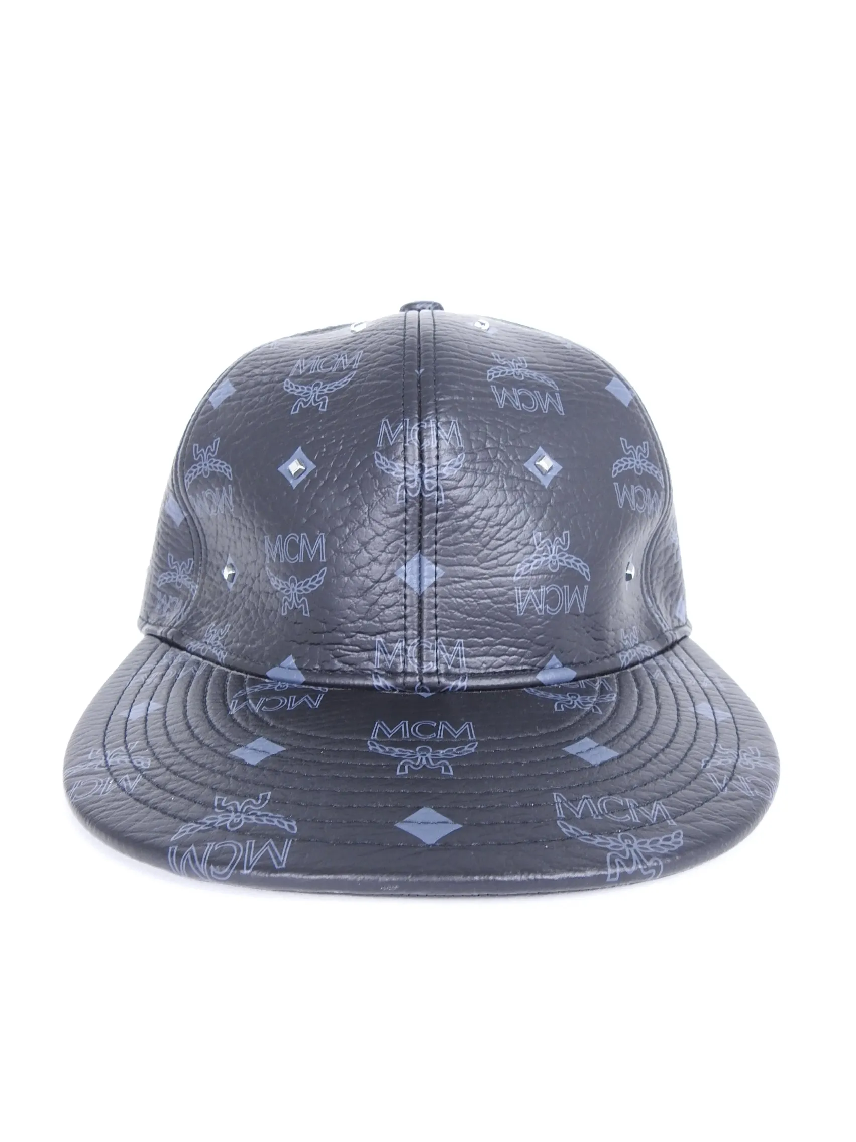 MCM Monogram Black and Gold Leather Strapback Cap