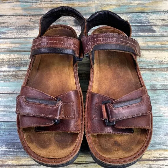 Naot Lappland Mens Size 13M Casual Sandal Brown Leather 2 Hook &amp; Loop Straps