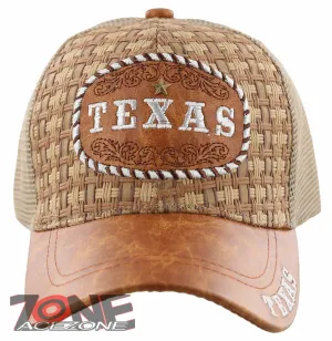 NEW! STRAW MESH TEXAS STAR FAUX LEATHER BALL CAP HAT TAN
