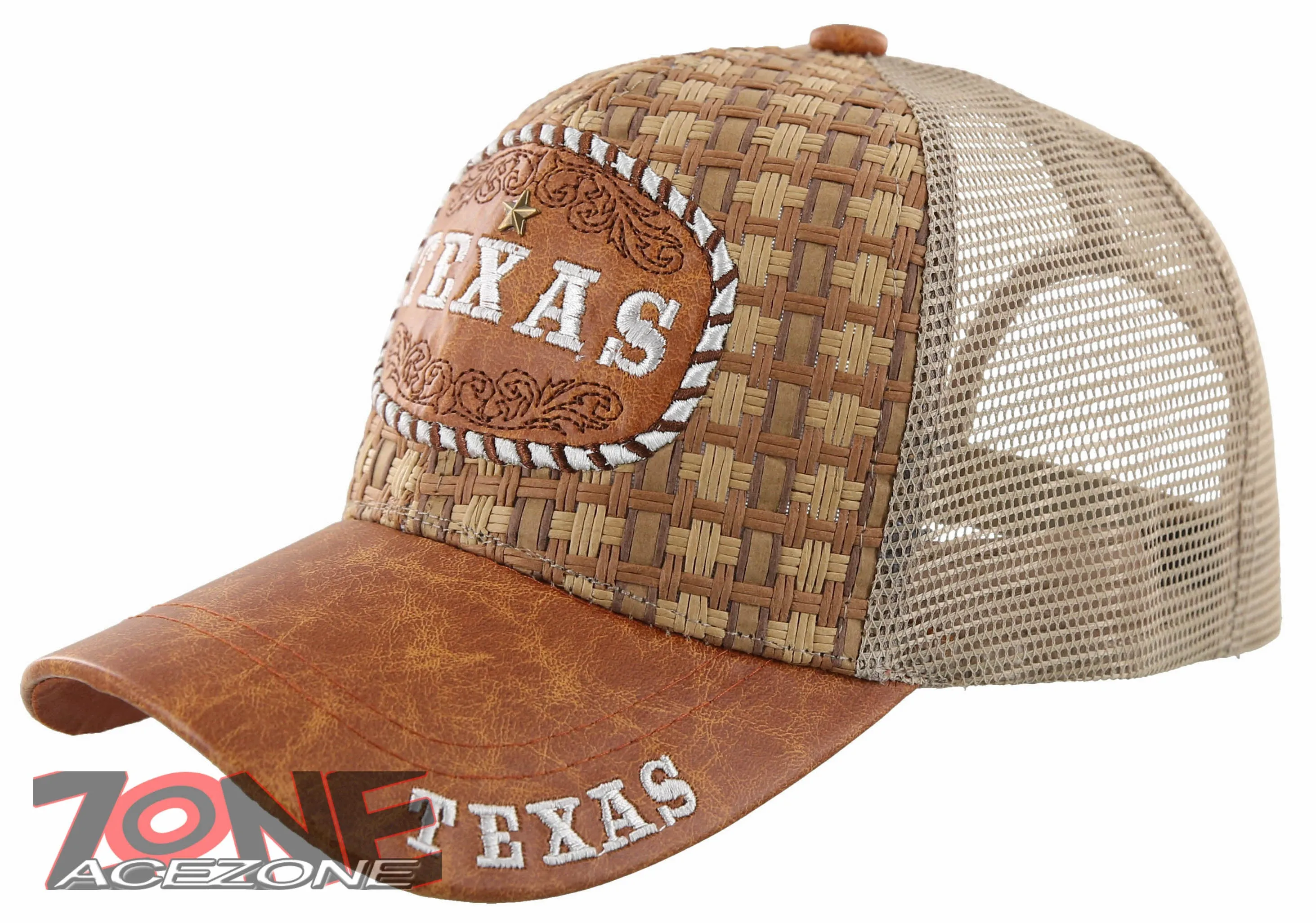 NEW! STRAW MESH TEXAS STAR FAUX LEATHER BALL CAP HAT TAN