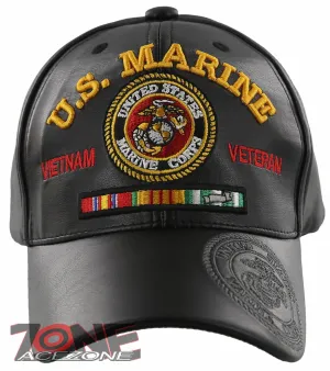 NEW! USMC US MARINE VIETNAM VETERAN FAUX LEATHER BALL CAP HAT BLACK