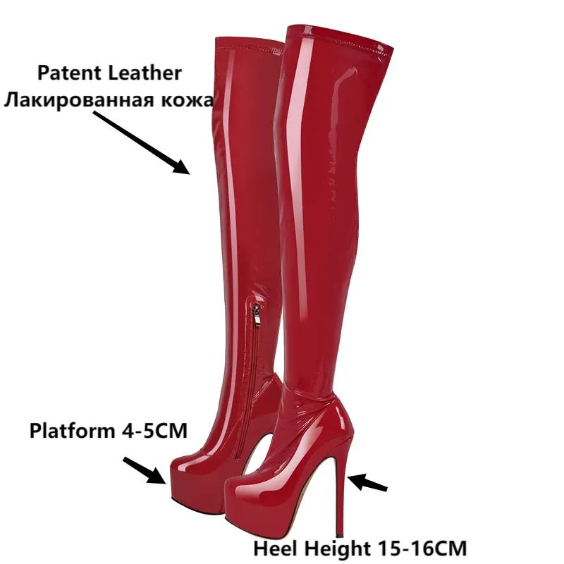 Onlymaker Women Platform Over The Knee Boots  Red Patent Leather Thin High Heel Side Zipper Handmade Big Size Winter Boots