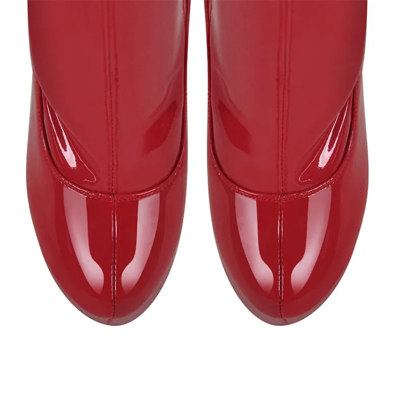 Onlymaker Women Platform Over The Knee Boots  Red Patent Leather Thin High Heel Side Zipper Handmade Big Size Winter Boots