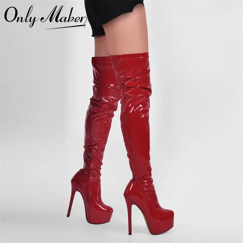 Onlymaker Women Platform Over The Knee Boots  Red Patent Leather Thin High Heel Side Zipper Handmade Big Size Winter Boots