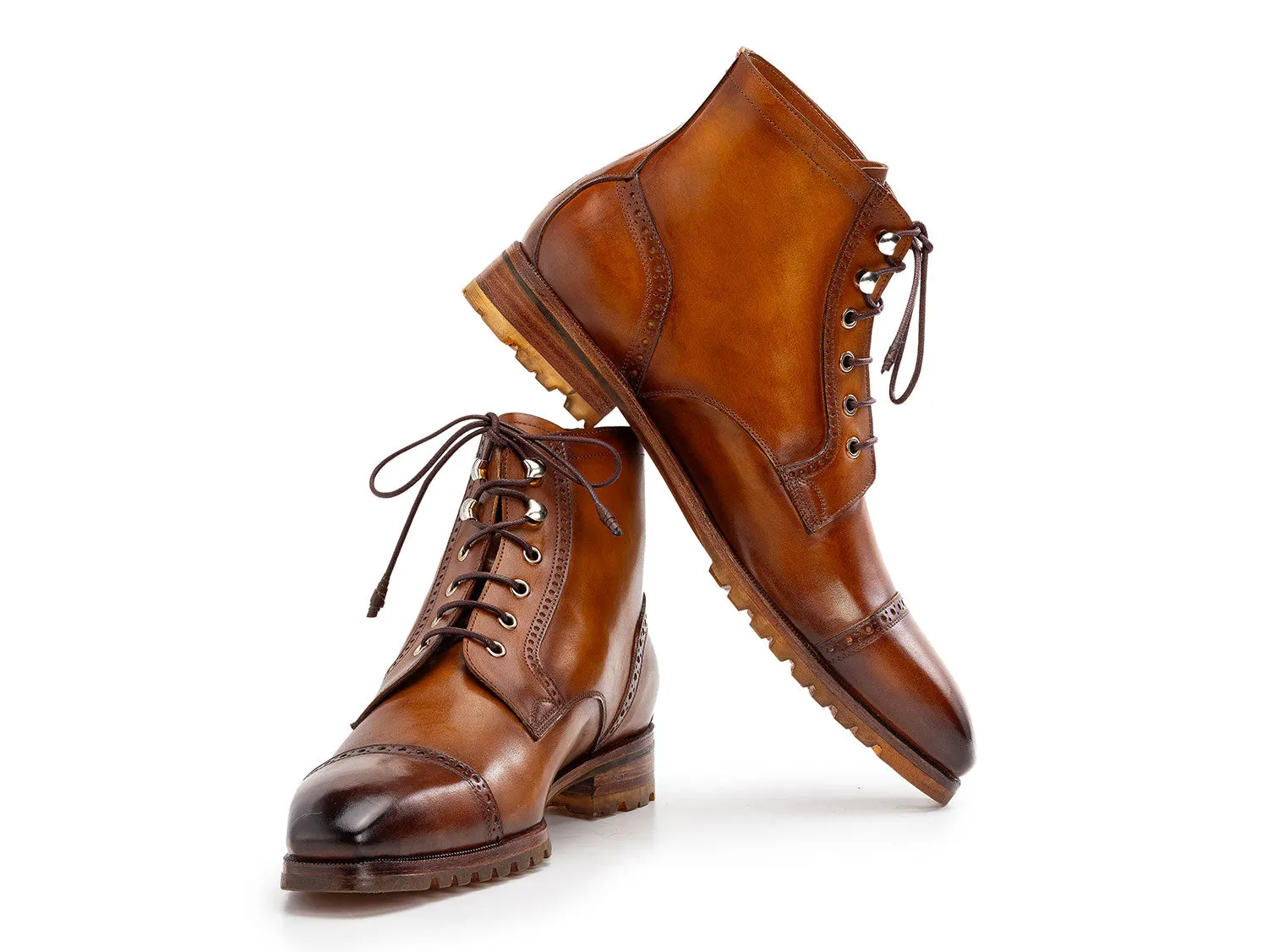 Paul Parkman Men's Burnished Leather Cap Toe Boots in Brown