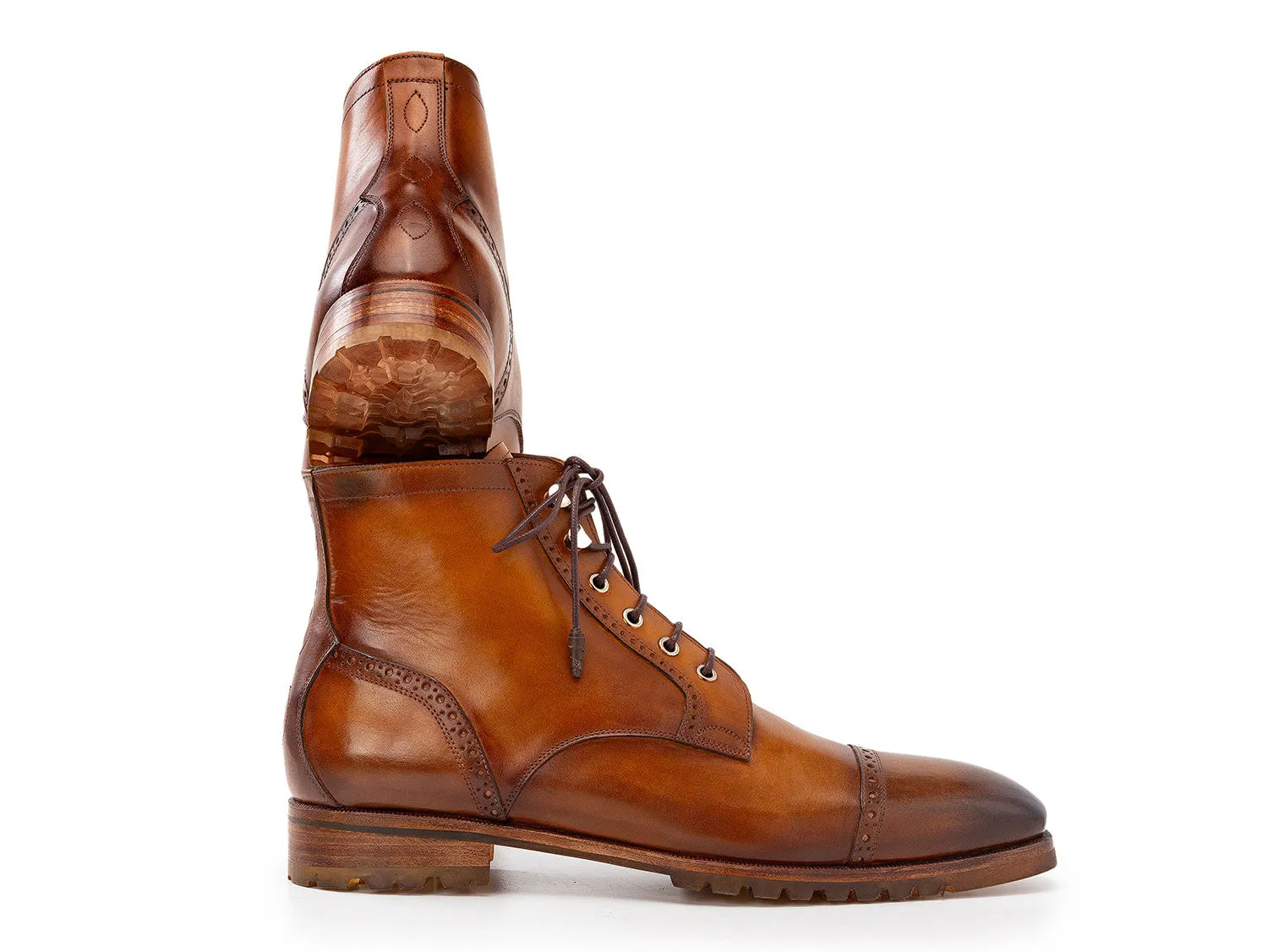 Paul Parkman Men's Burnished Leather Cap Toe Boots in Brown