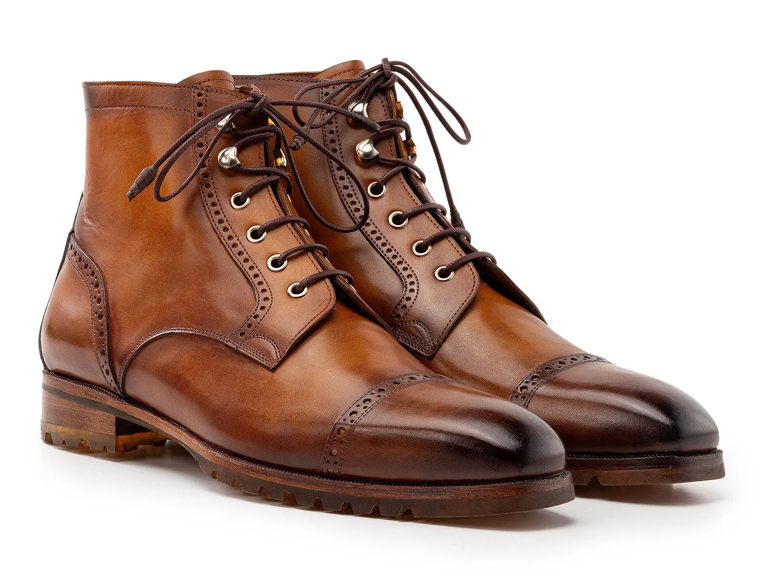 Paul Parkman Men's Burnished Leather Cap Toe Boots in Brown
