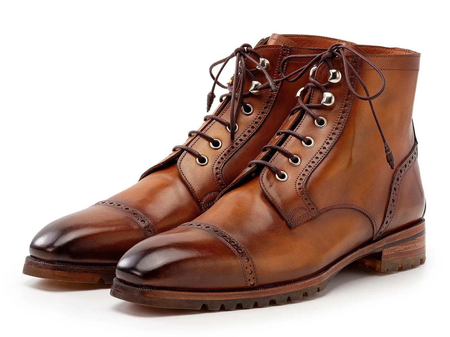 Paul Parkman Men's Burnished Leather Cap Toe Boots in Brown
