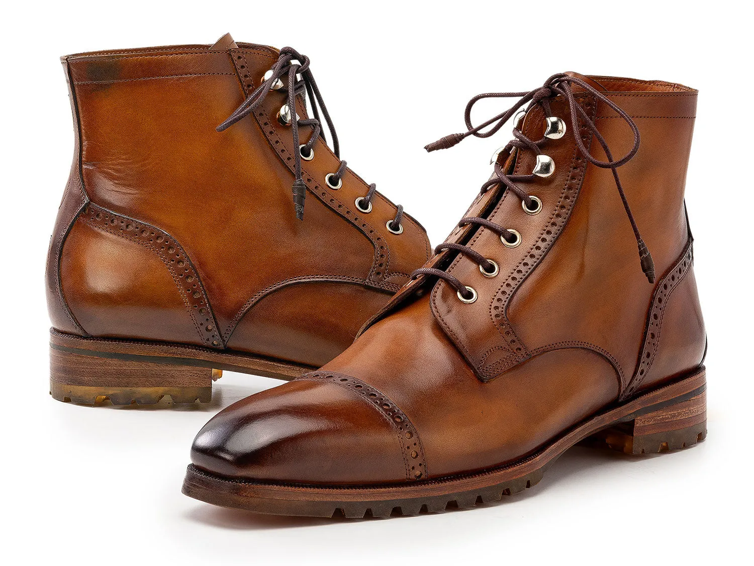 Paul Parkman Men's Burnished Leather Cap Toe Boots in Brown