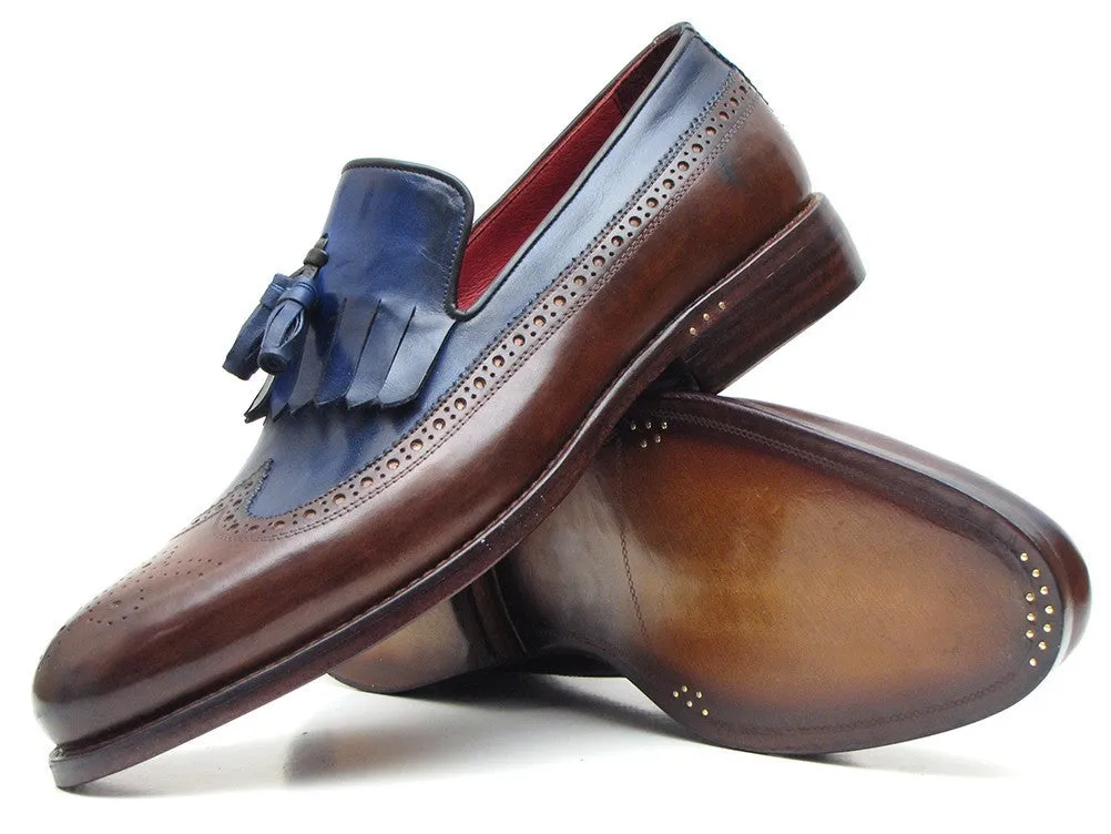 Paul Parkman Men's Leather Kiltie Tassel Loafers in Dark Brown & Navy