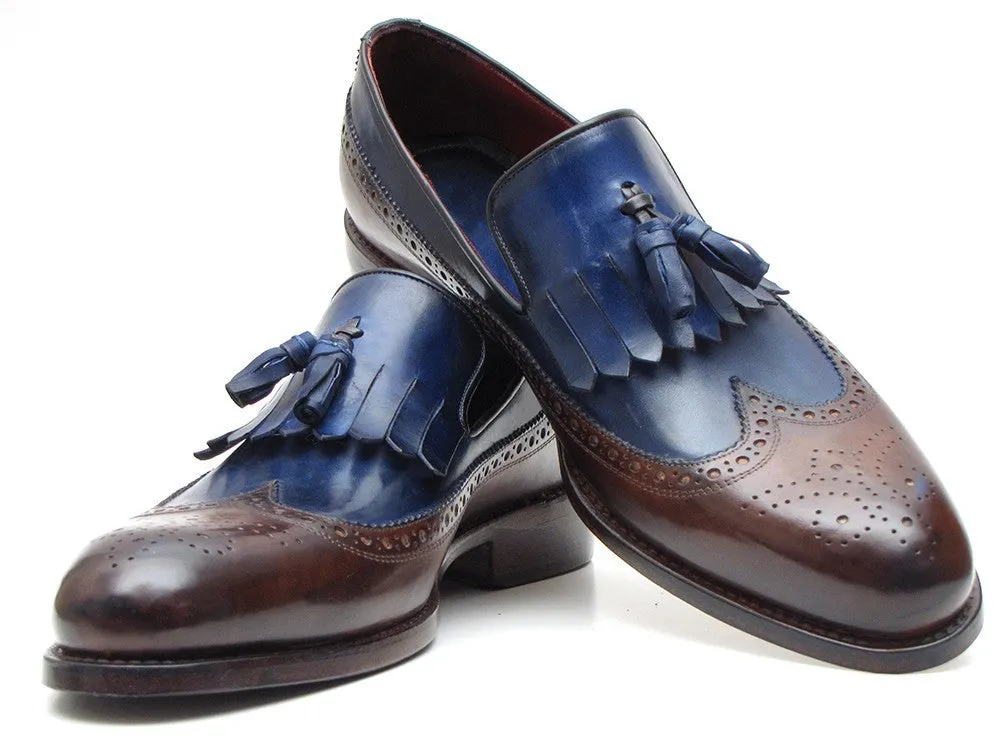 Paul Parkman Men's Leather Kiltie Tassel Loafers in Dark Brown & Navy