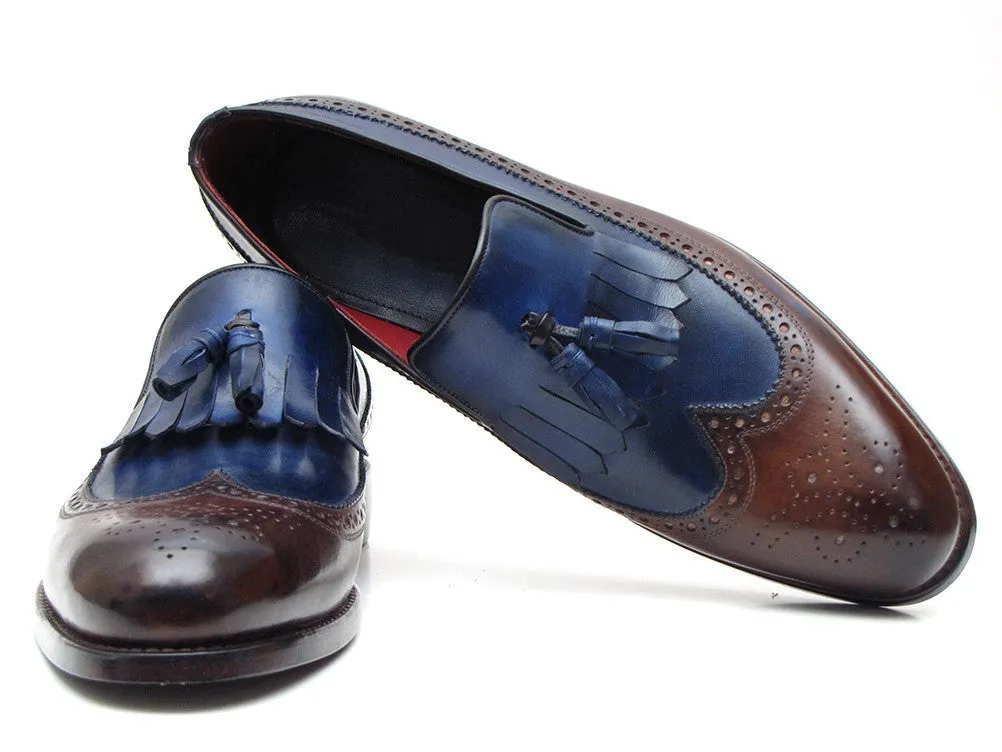 Paul Parkman Men's Leather Kiltie Tassel Loafers in Dark Brown & Navy