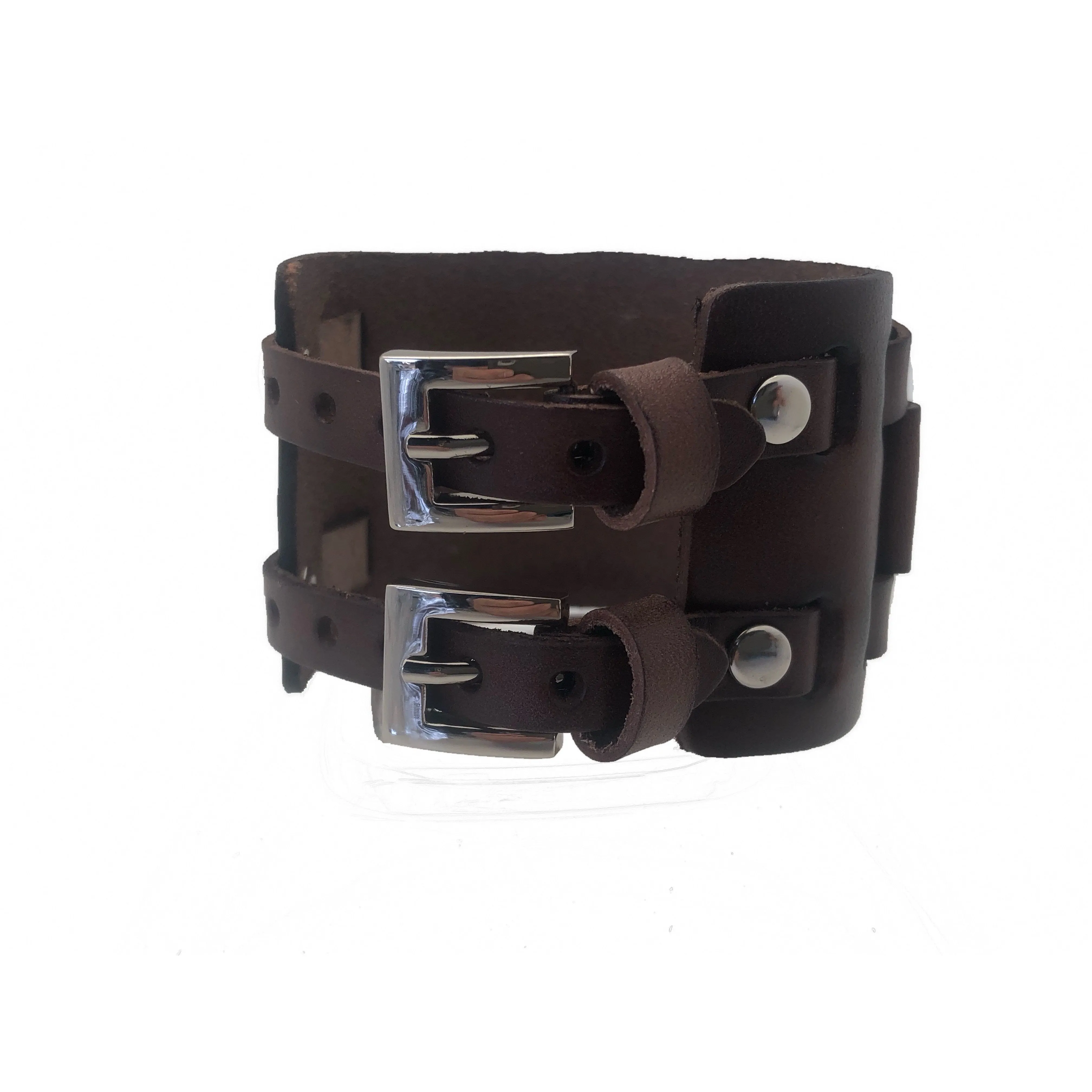 Perforated Brown Leather Double Strap Cuff