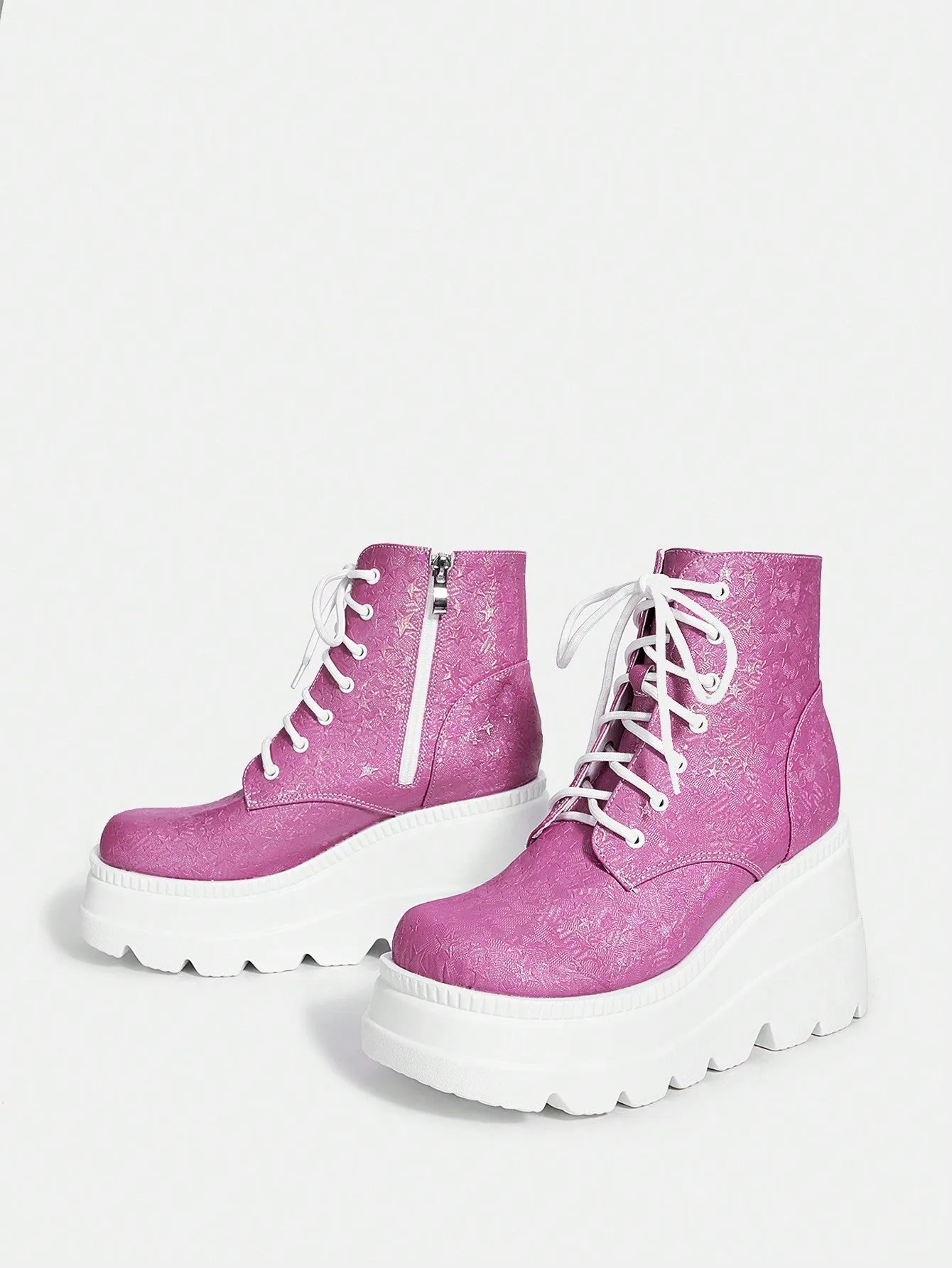 Pink Lace-up Wedge Heel Round Toe Ankle Boots For Women