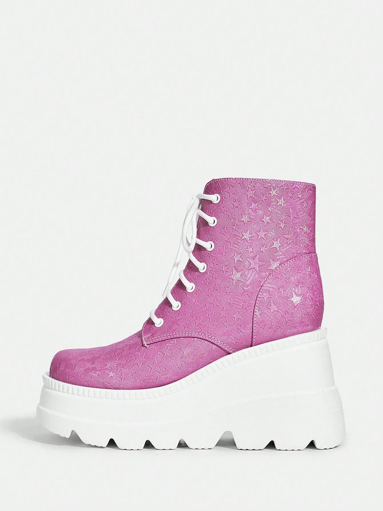 Pink Lace-up Wedge Heel Round Toe Ankle Boots For Women
