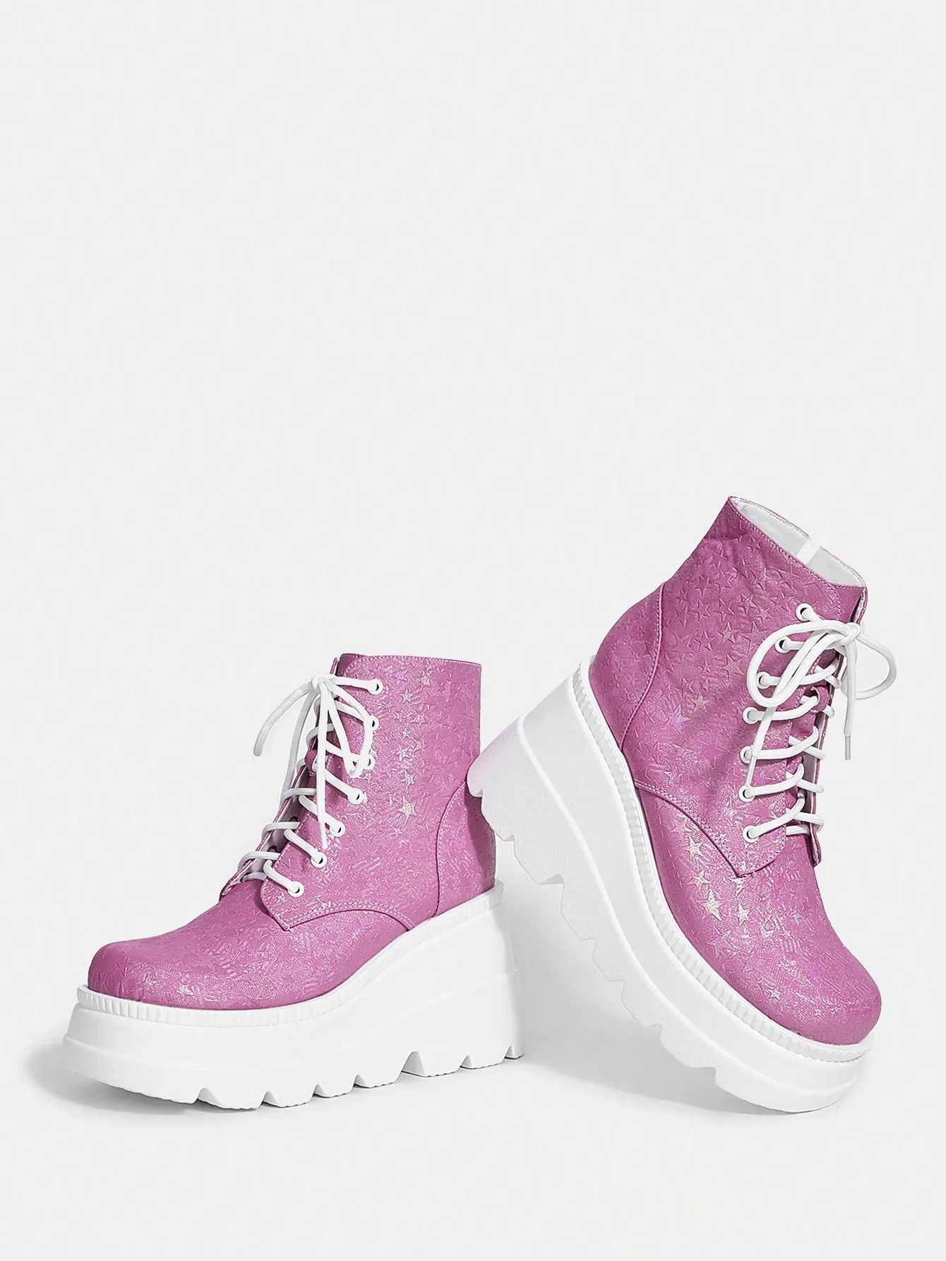 Pink Lace-up Wedge Heel Round Toe Ankle Boots For Women