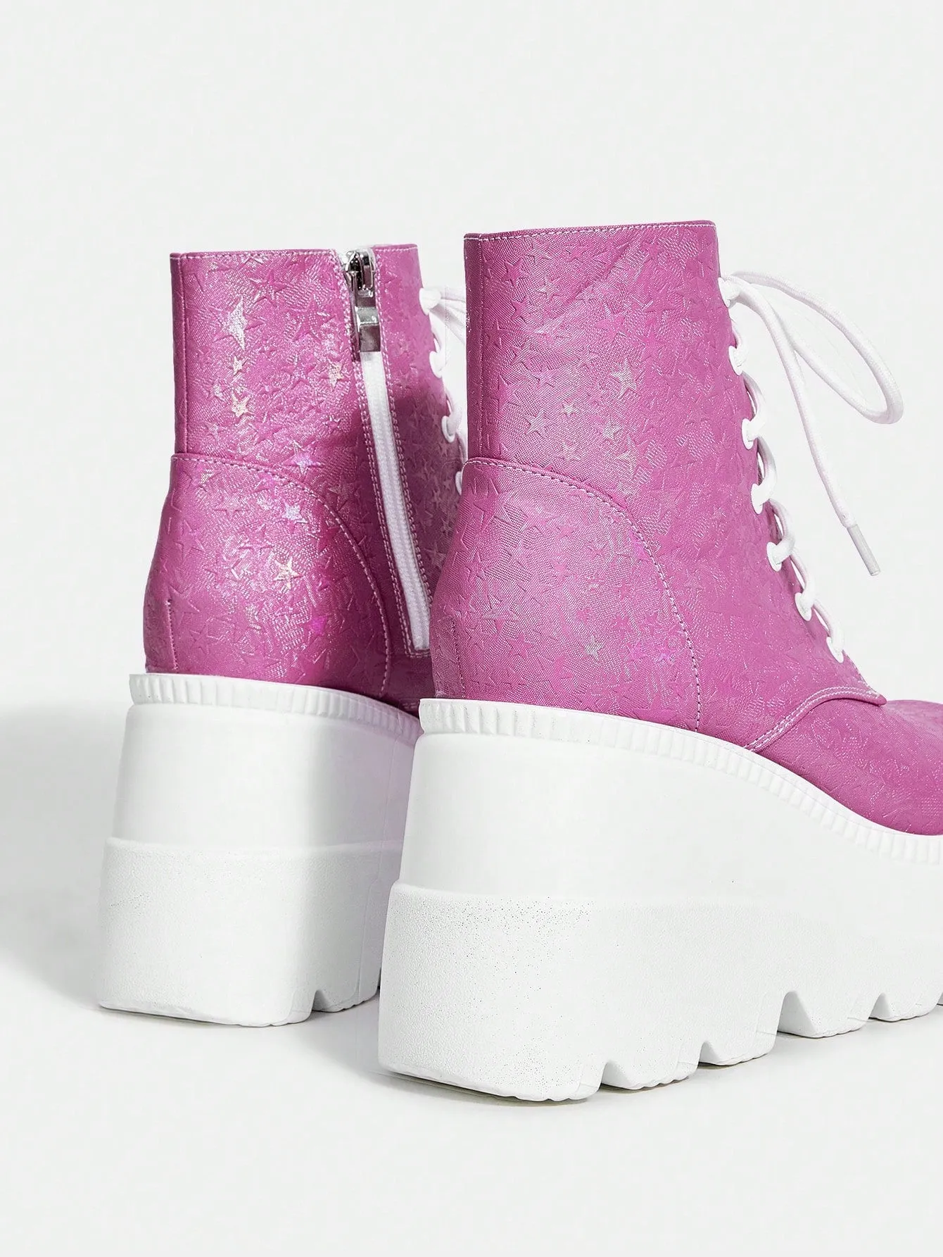 Pink Lace-up Wedge Heel Round Toe Ankle Boots For Women