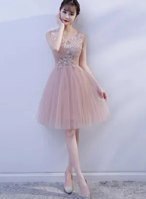 Pink V-neckline Lace Applique Knee Length Party Dress, Pink Homecoming Dresses