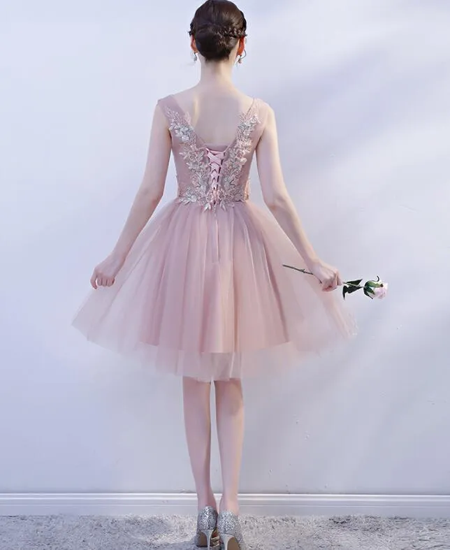 Pink V-neckline Lace Applique Knee Length Party Dress, Pink Homecoming Dresses