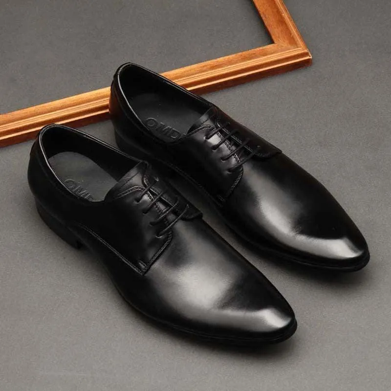 Pointed Toe Men's Shoes British Business Suits Lace Up Black Leather Shoes Men's Wedding Shoes