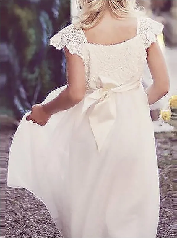 Princess Lace Chiffon Short Sleeves Flower Girl Dresses Floor Length
