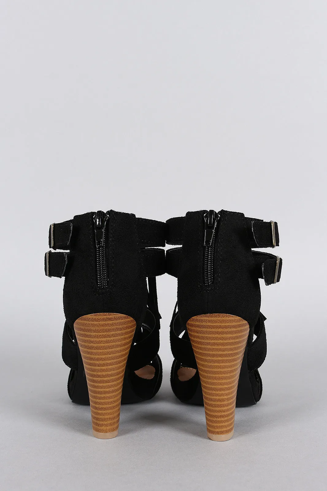 Qupid Suede Double Buckle Fringe Cut Out Chunky Heel