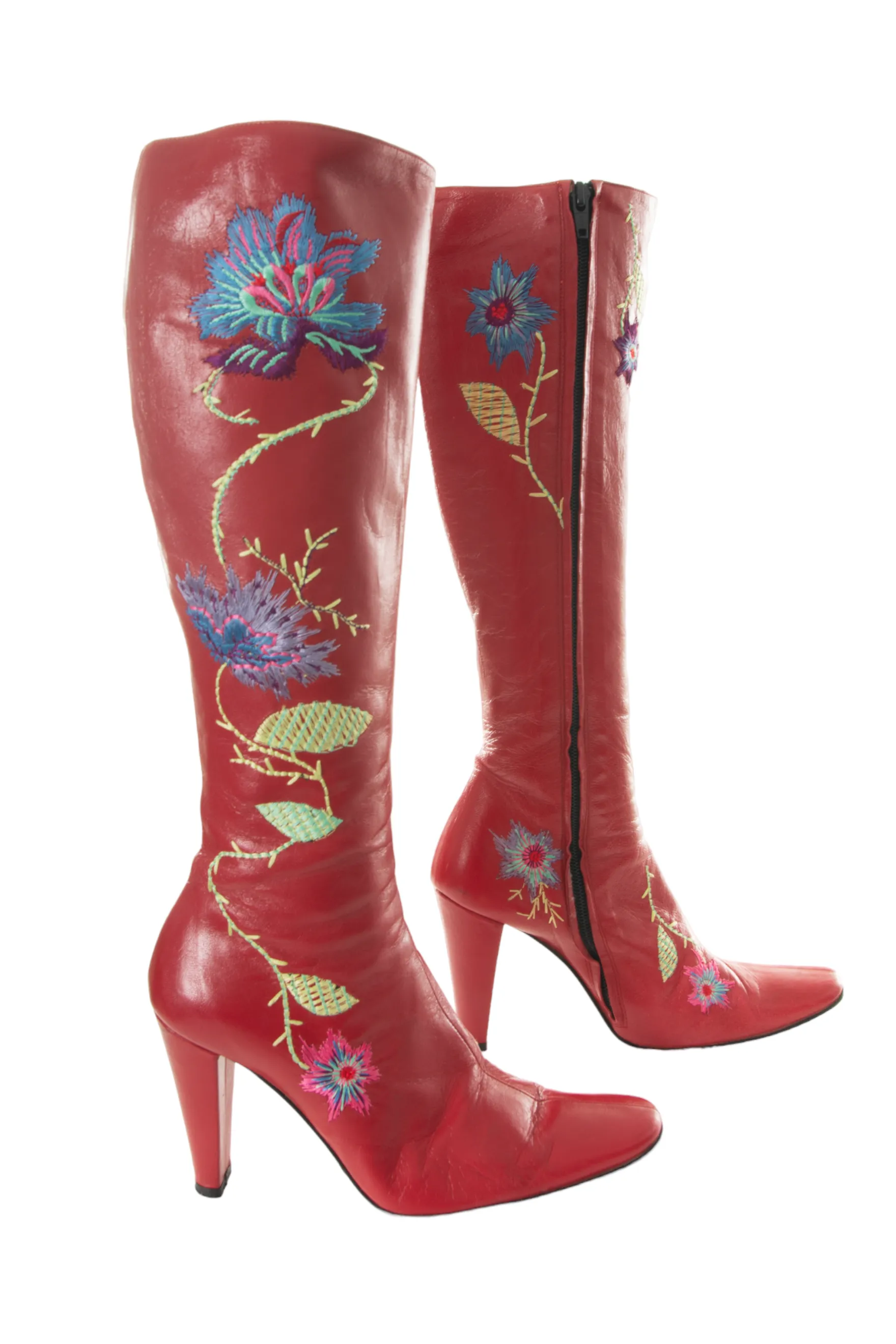 Red Embroidered Leather Boots