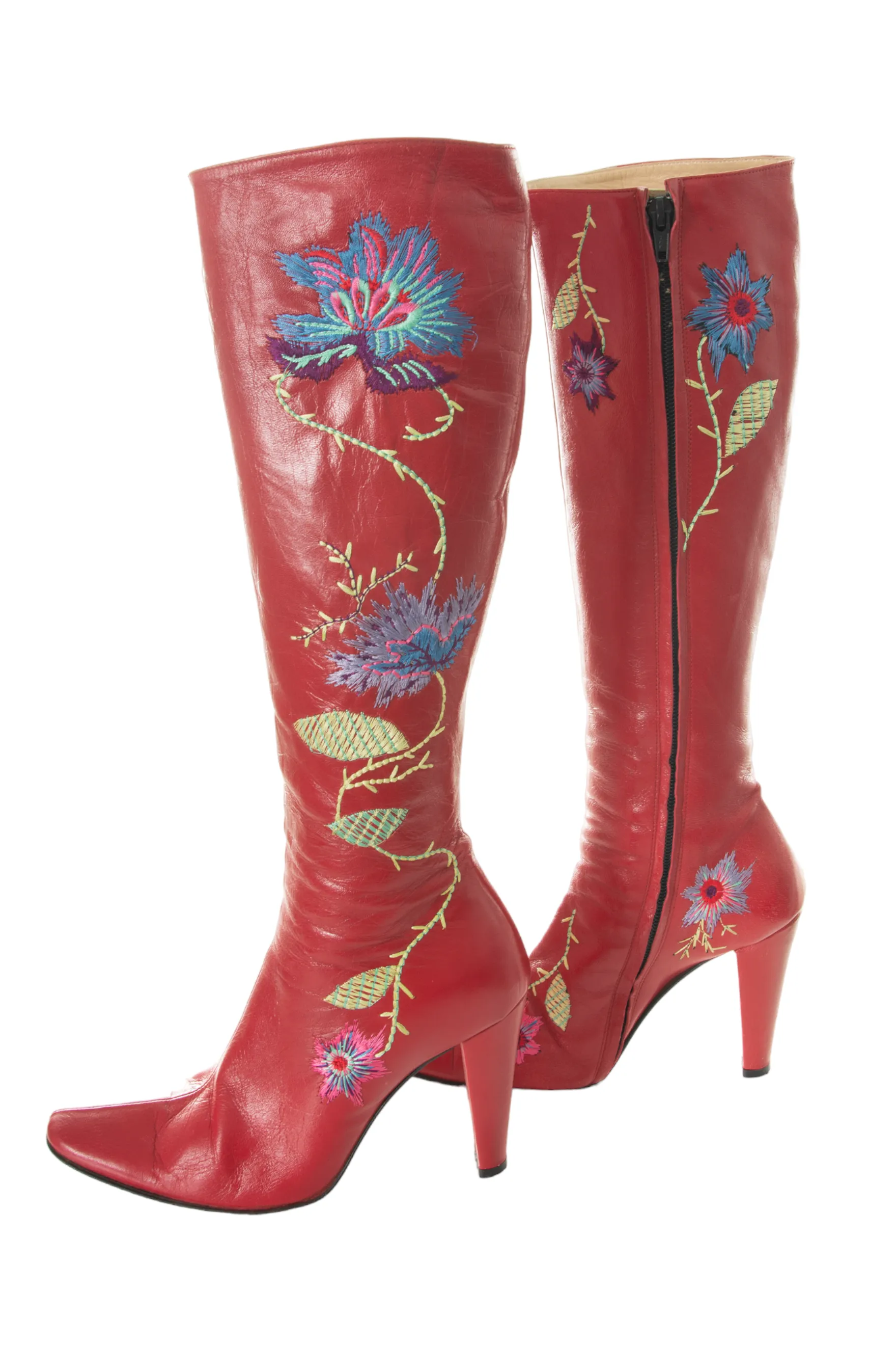Red Embroidered Leather Boots