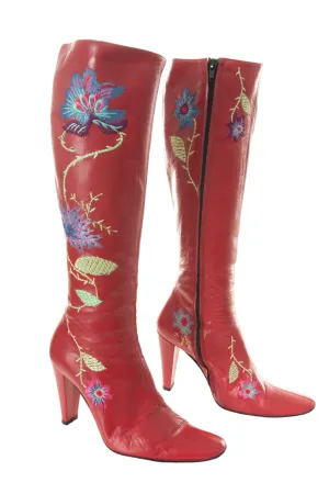 Red Embroidered Leather Boots