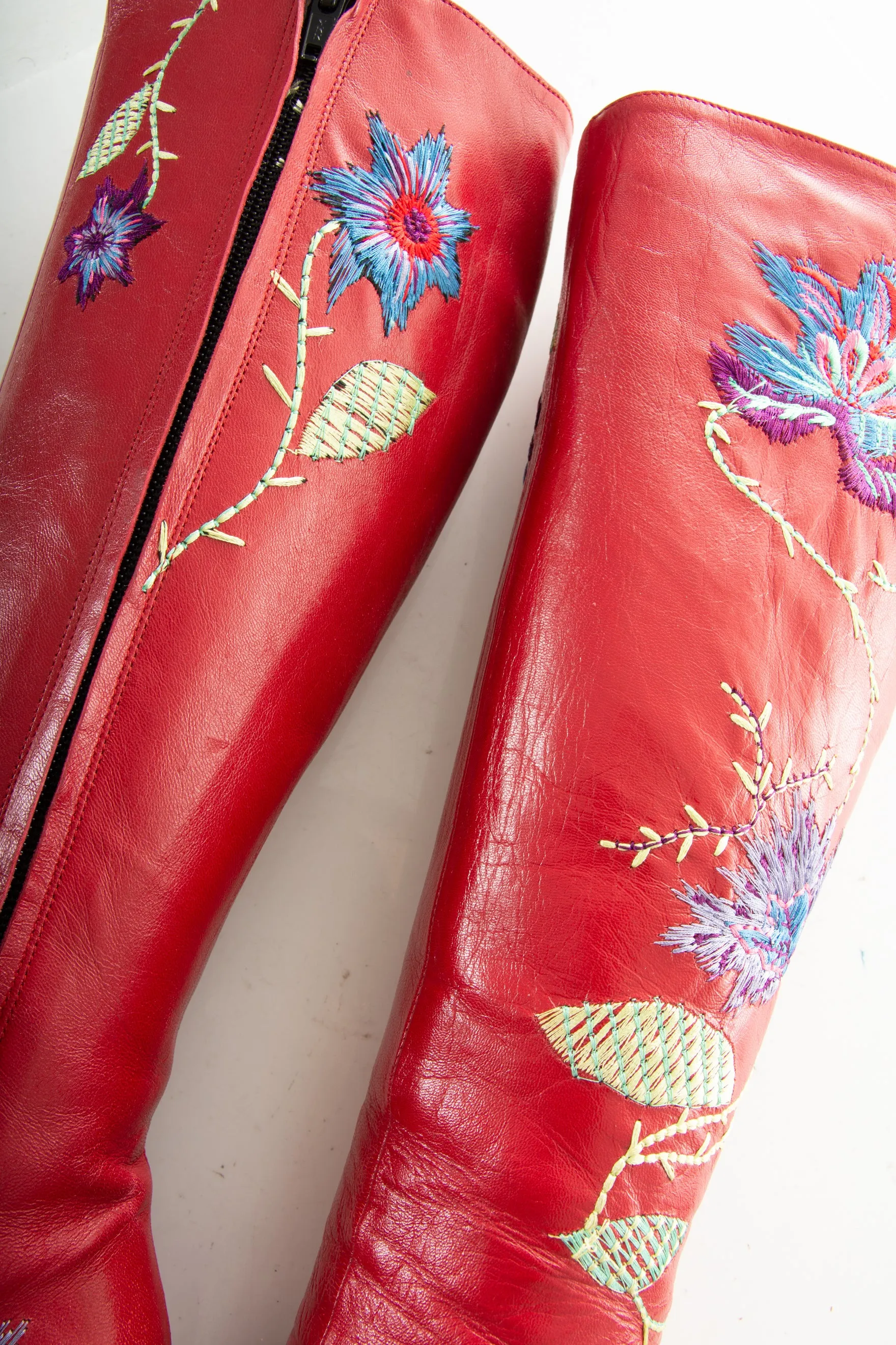 Red Embroidered Leather Boots