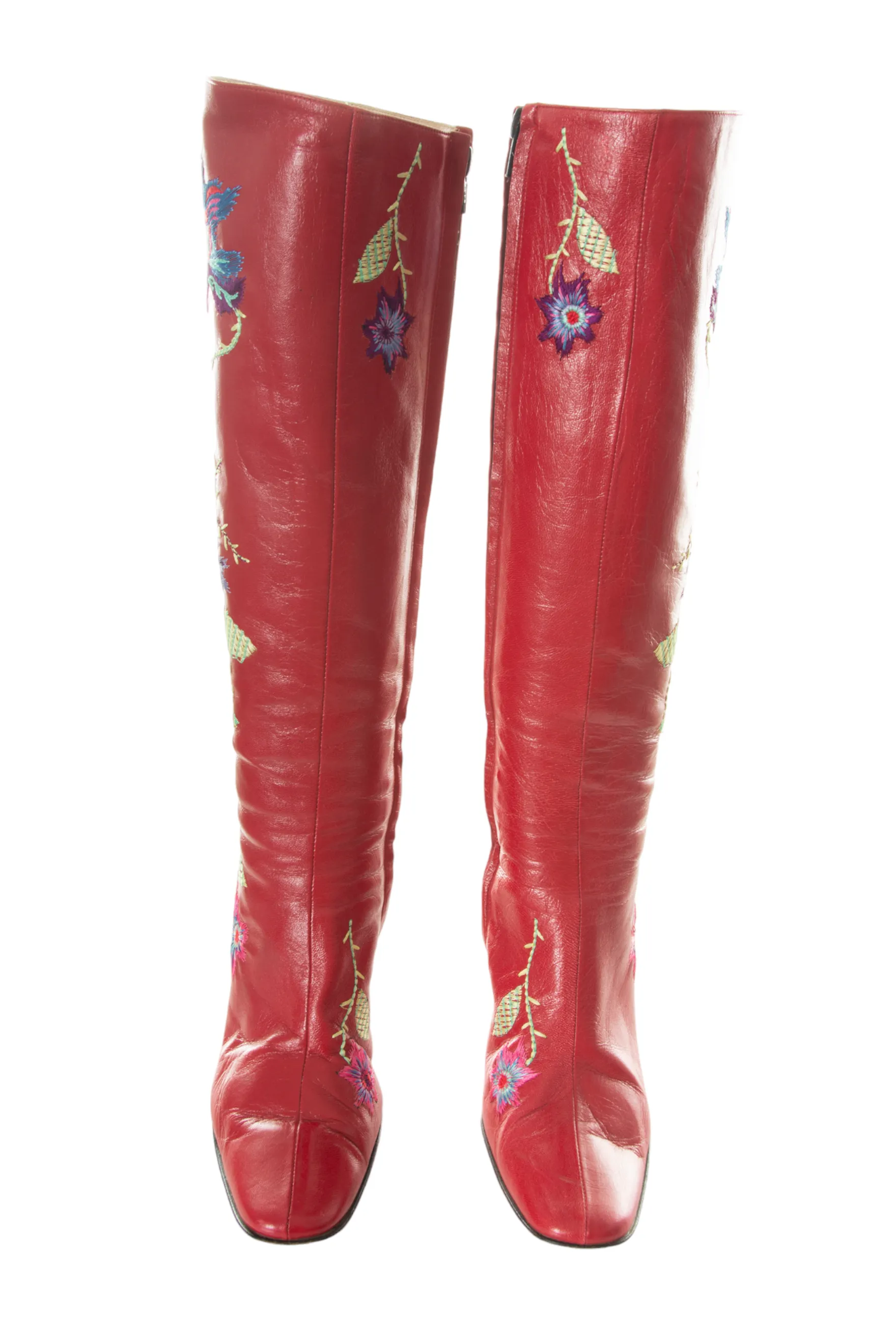 Red Embroidered Leather Boots