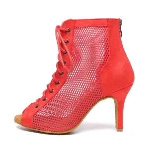 Red Mesh Lace Up High Heel  Dance Boots