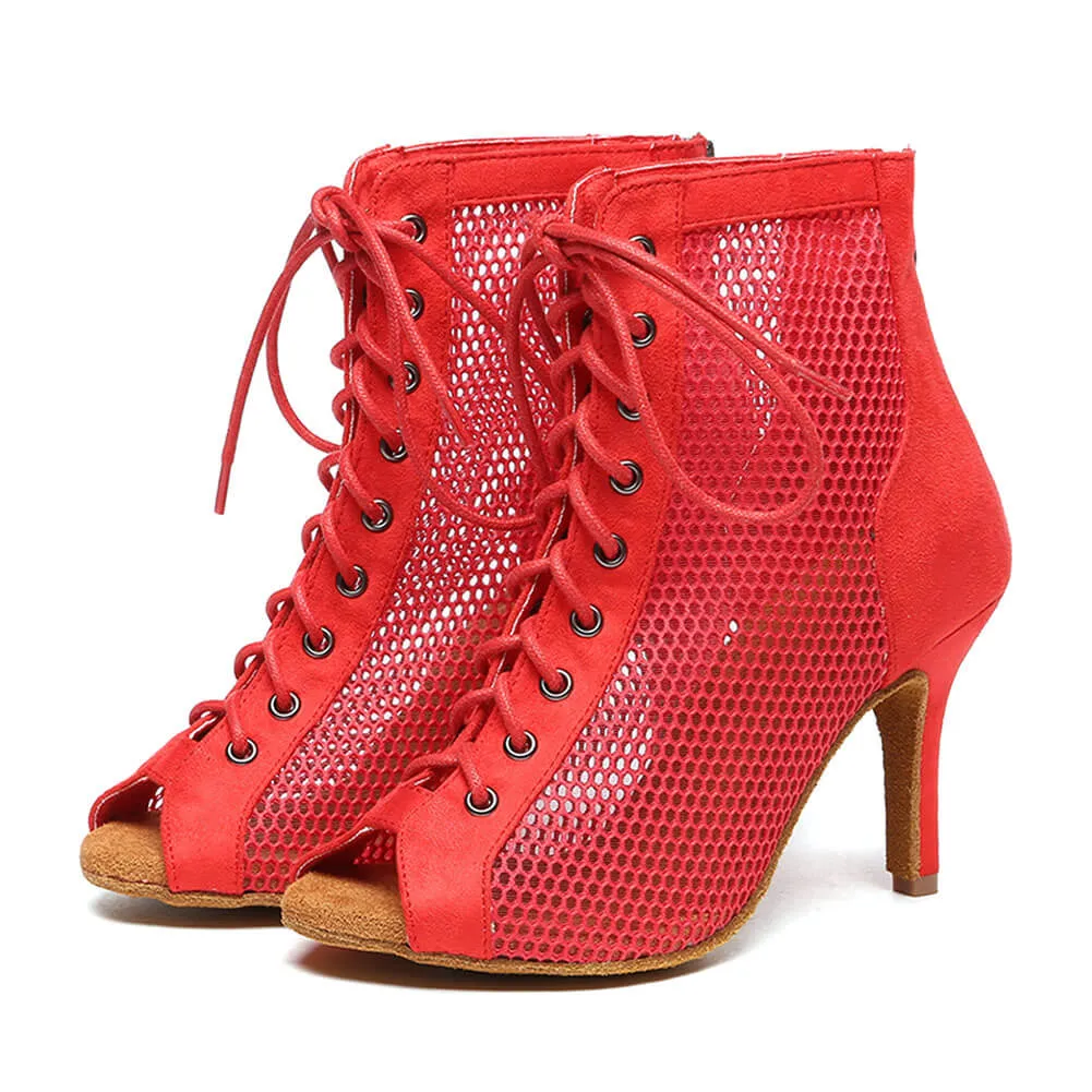 Red Mesh Lace Up High Heel  Dance Boots