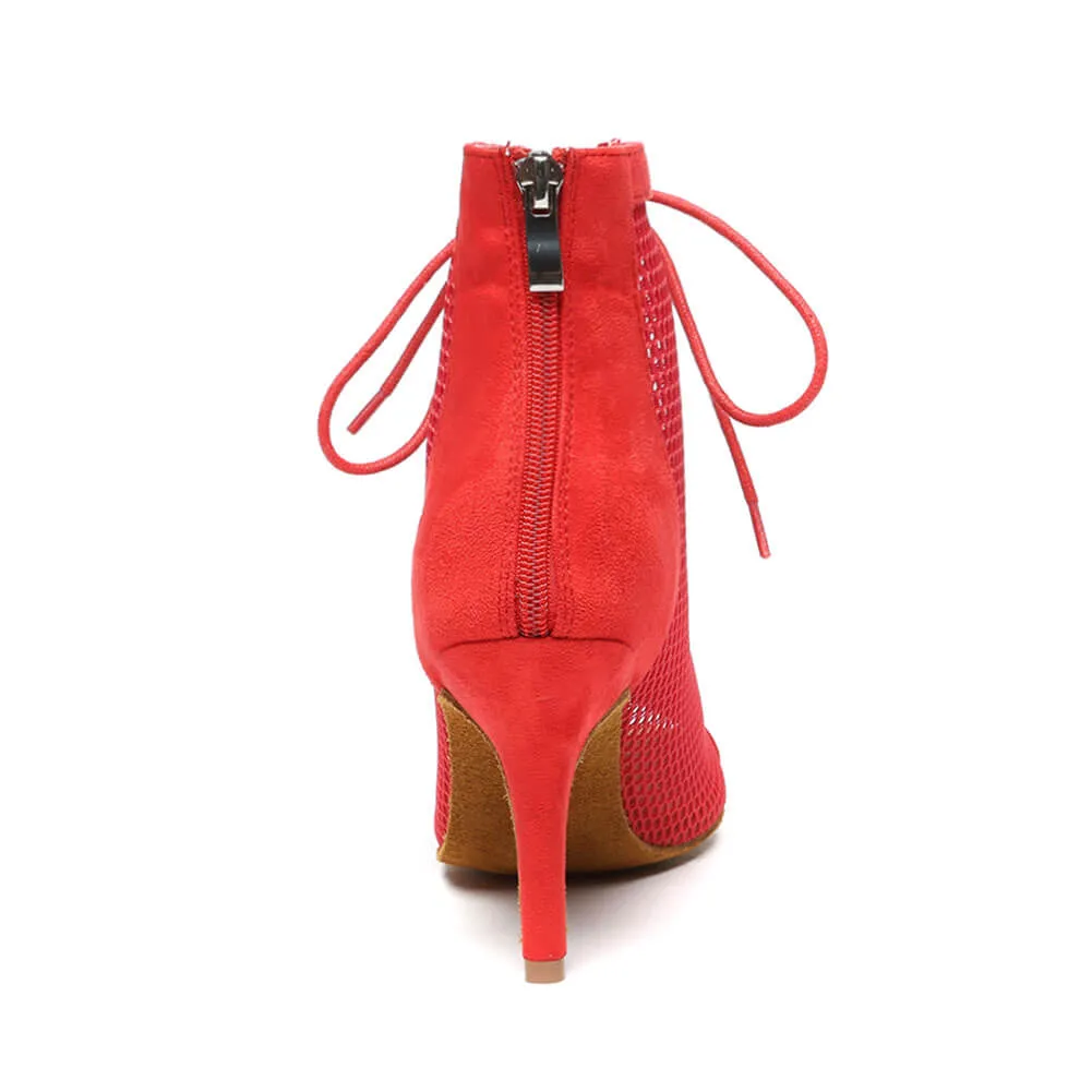 Red Mesh Lace Up High Heel  Dance Boots