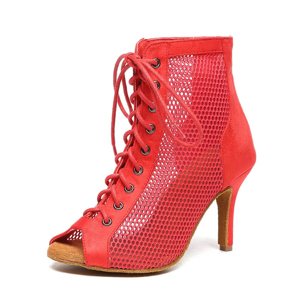 Red Mesh Lace Up High Heel  Dance Boots