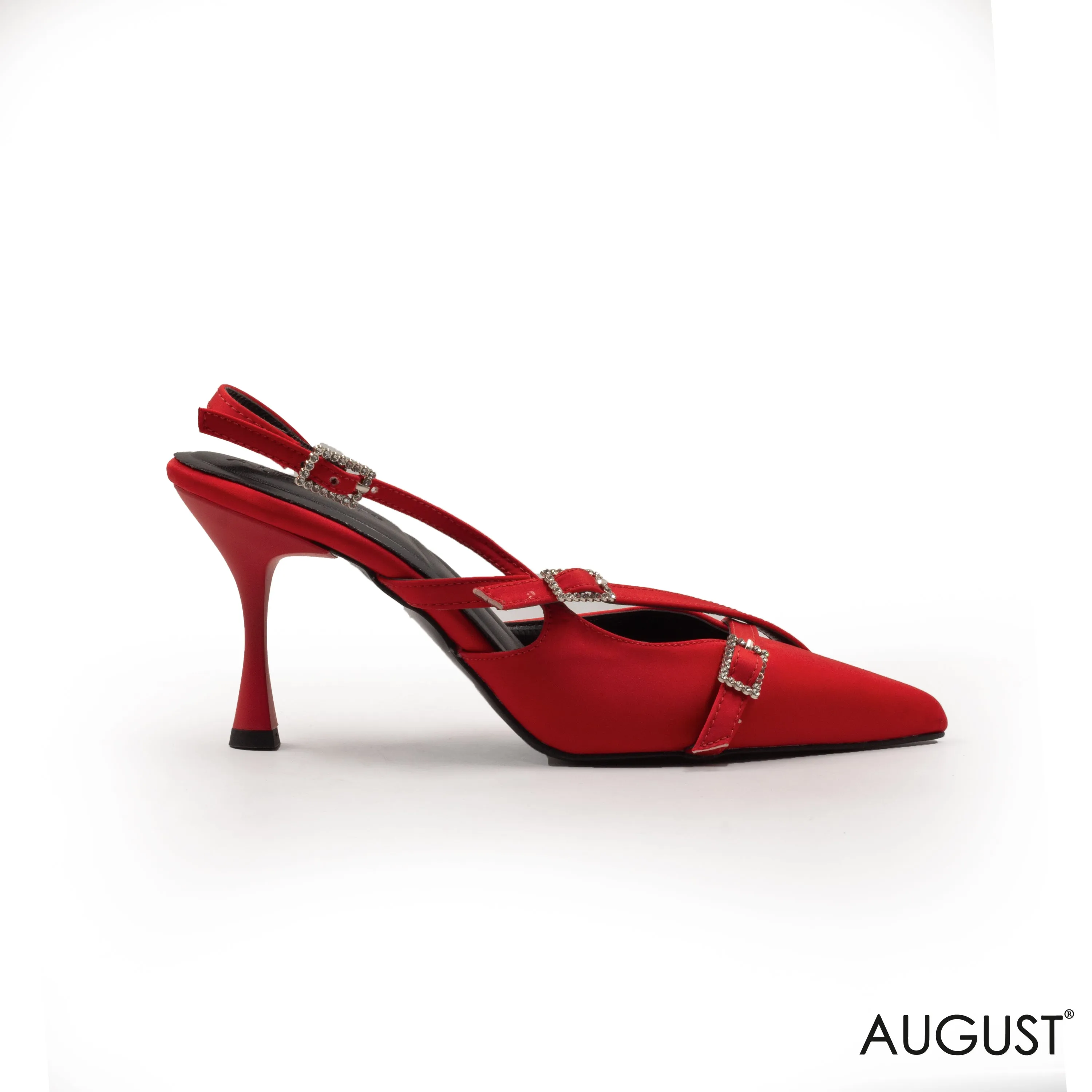 RED SATIN MID-HEEL SHOES WITH BUCKLE DETAIL