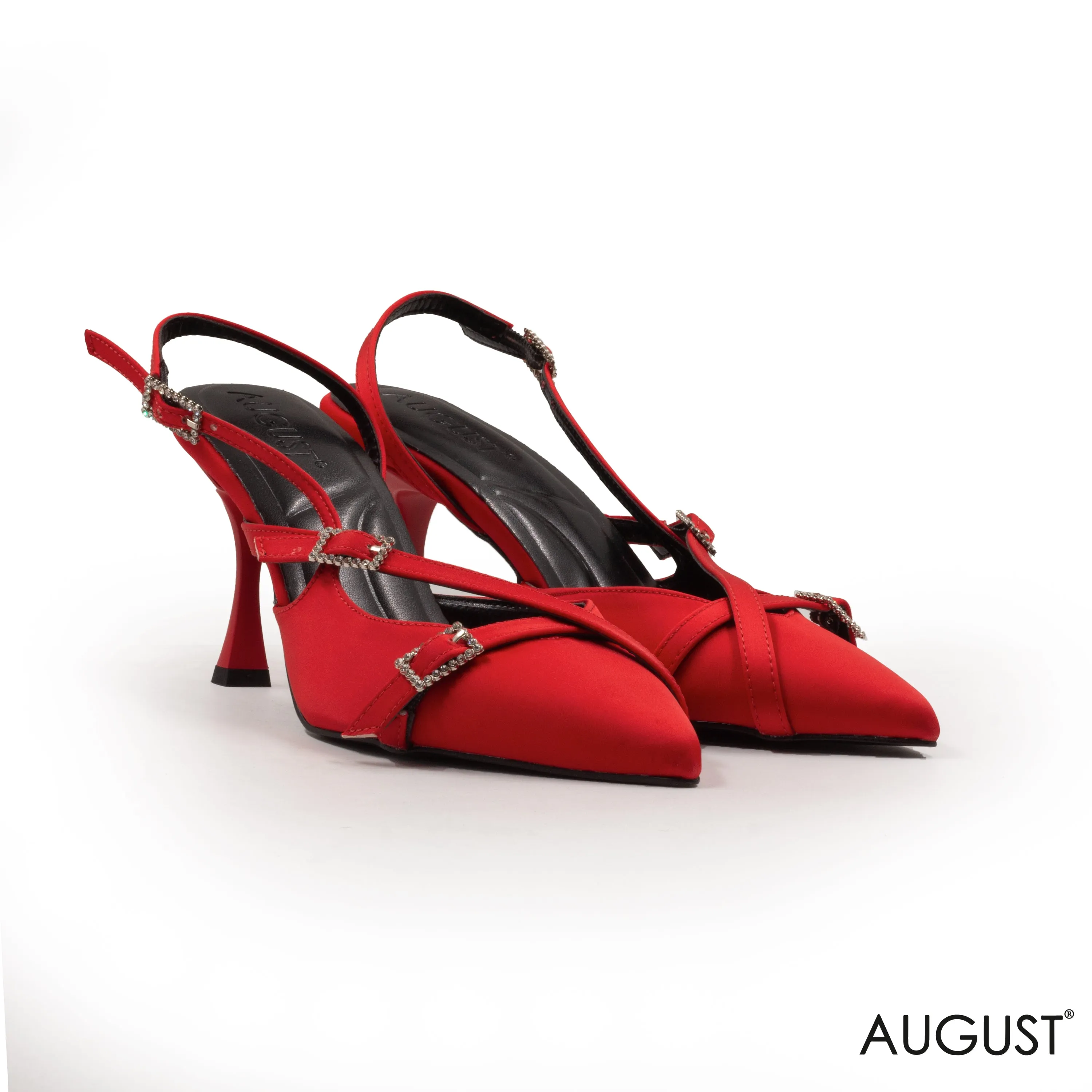 RED SATIN MID-HEEL SHOES WITH BUCKLE DETAIL