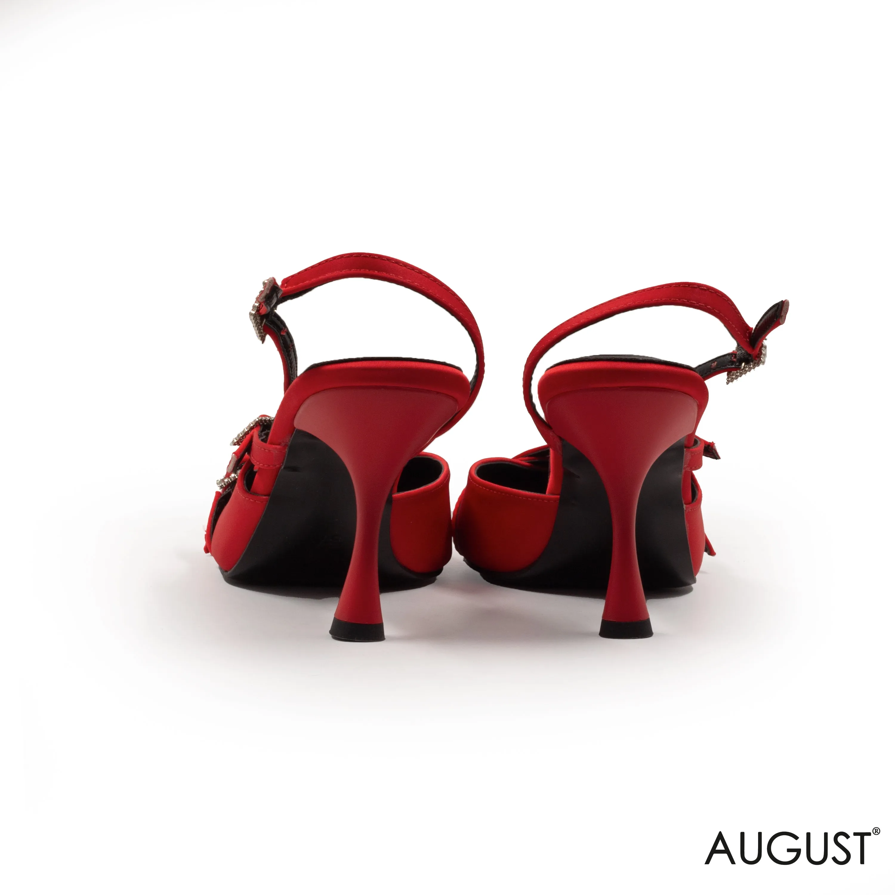 RED SATIN MID-HEEL SHOES WITH BUCKLE DETAIL