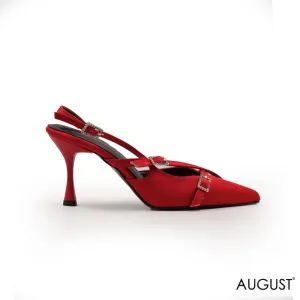 RED SATIN MID-HEEL SHOES WITH BUCKLE DETAIL