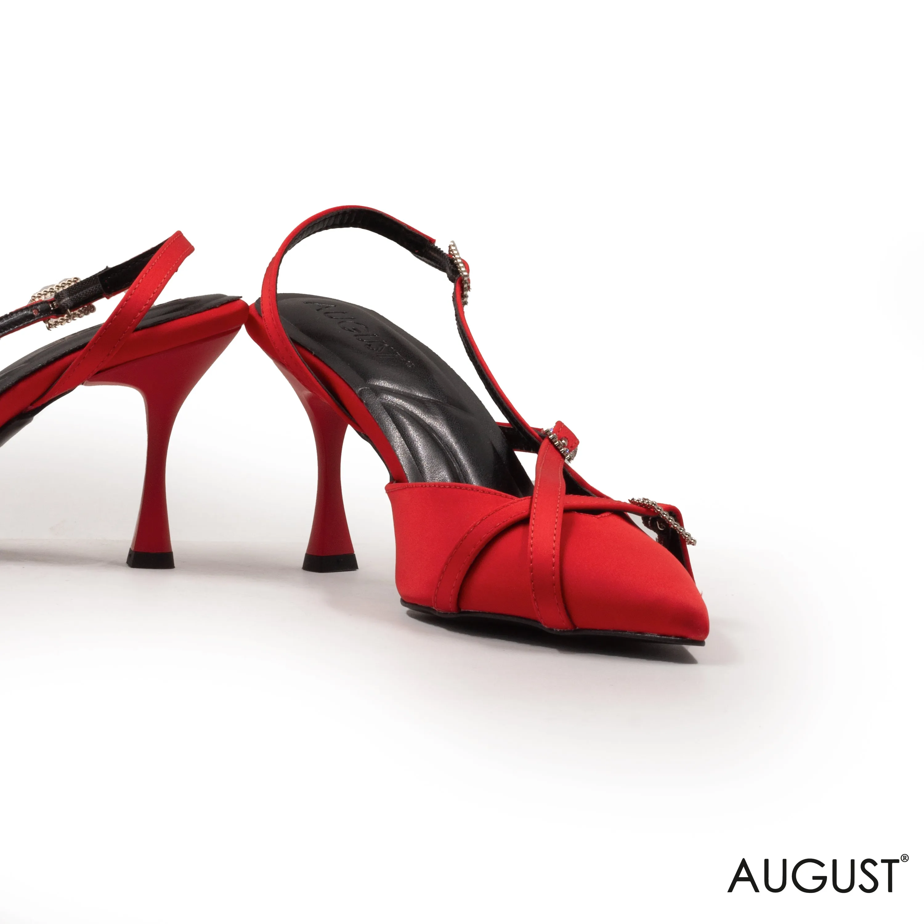 RED SATIN MID-HEEL SHOES WITH BUCKLE DETAIL
