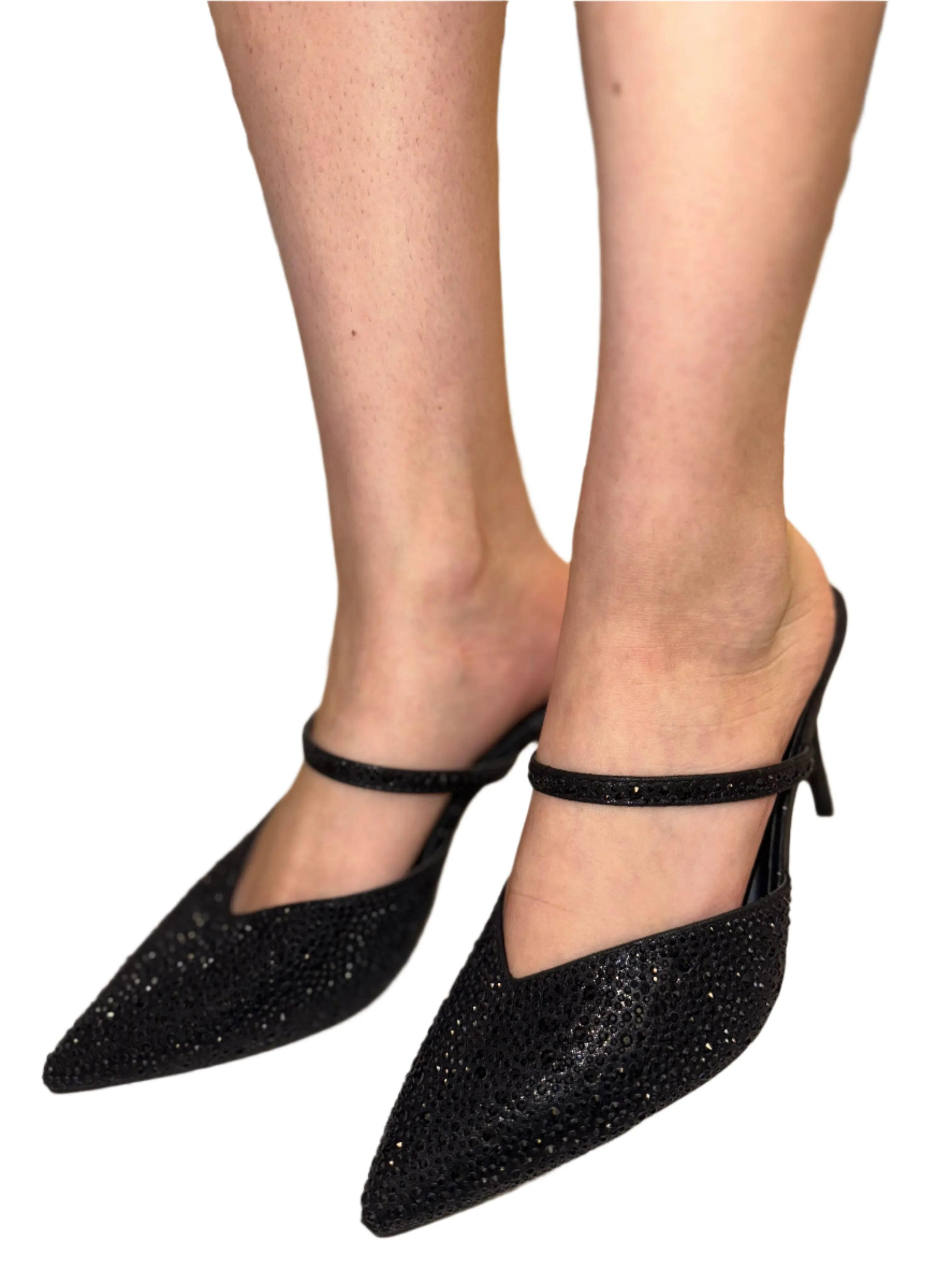 RHINESTONED POINTED TOE OPEN HEEL PUMP SARNIE- S