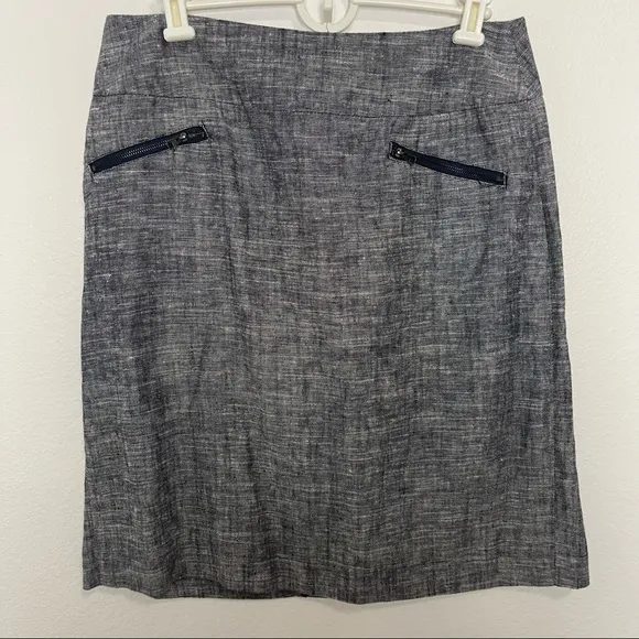 Sandro Chambray Linen Pencil Skirt Navy Grey Pockets