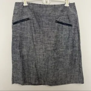 Sandro Chambray Linen Pencil Skirt Navy Grey Pockets