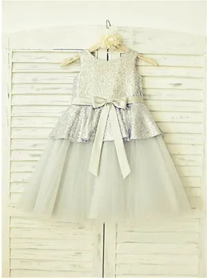 Sequin Tulle Princess Sleeveless Scoop Flower Girl Dresses Floor Length Dress